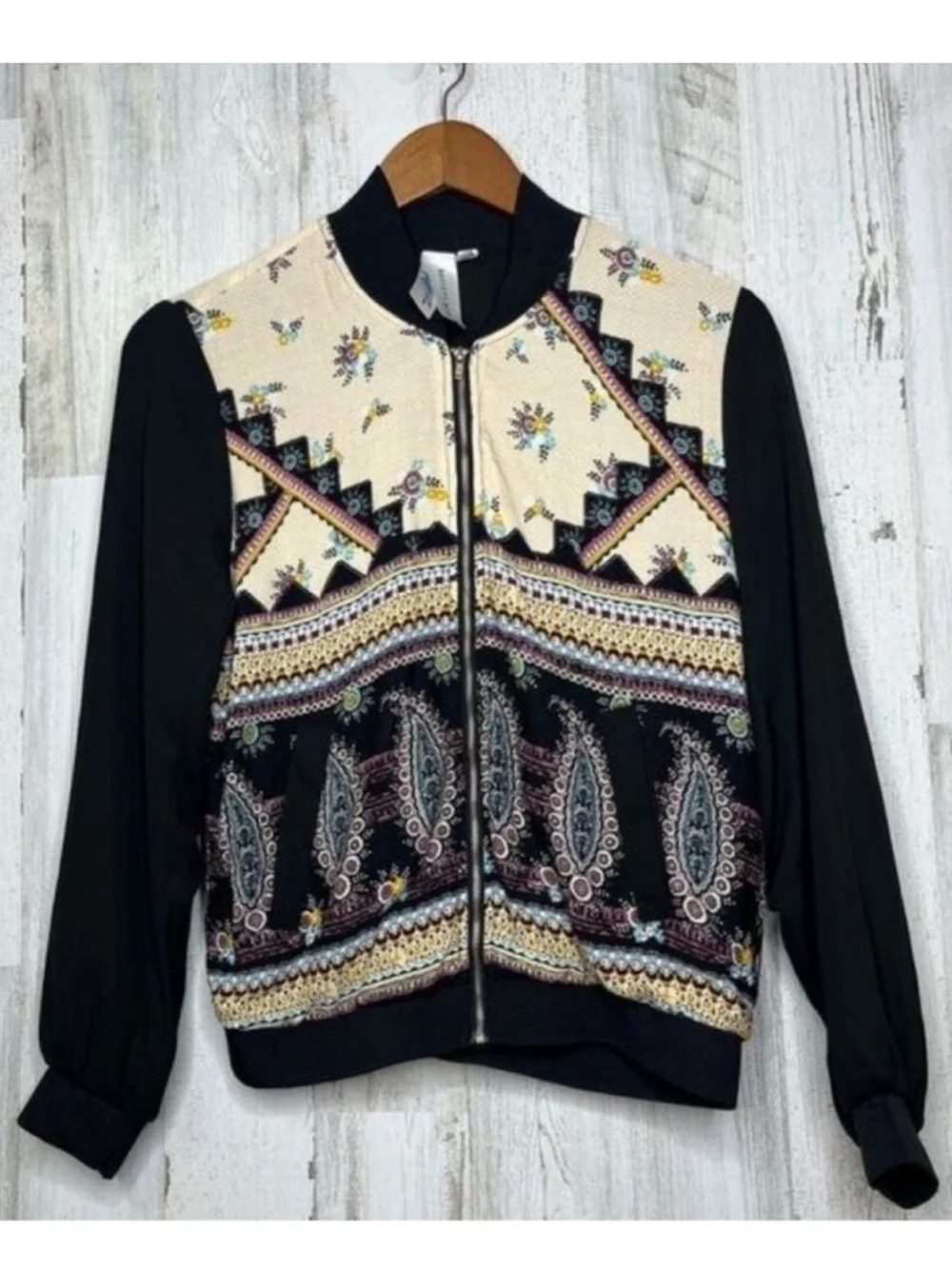 Society Girl Women’s Small Boho Paisley Floral Zip Bomber Jacket Black